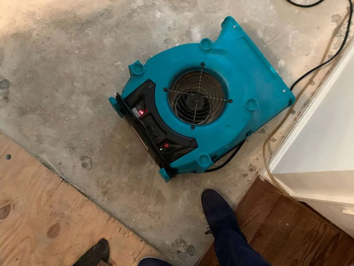 Air mover drying subfloor during Commercial Water Damage Restoration in Newmarket